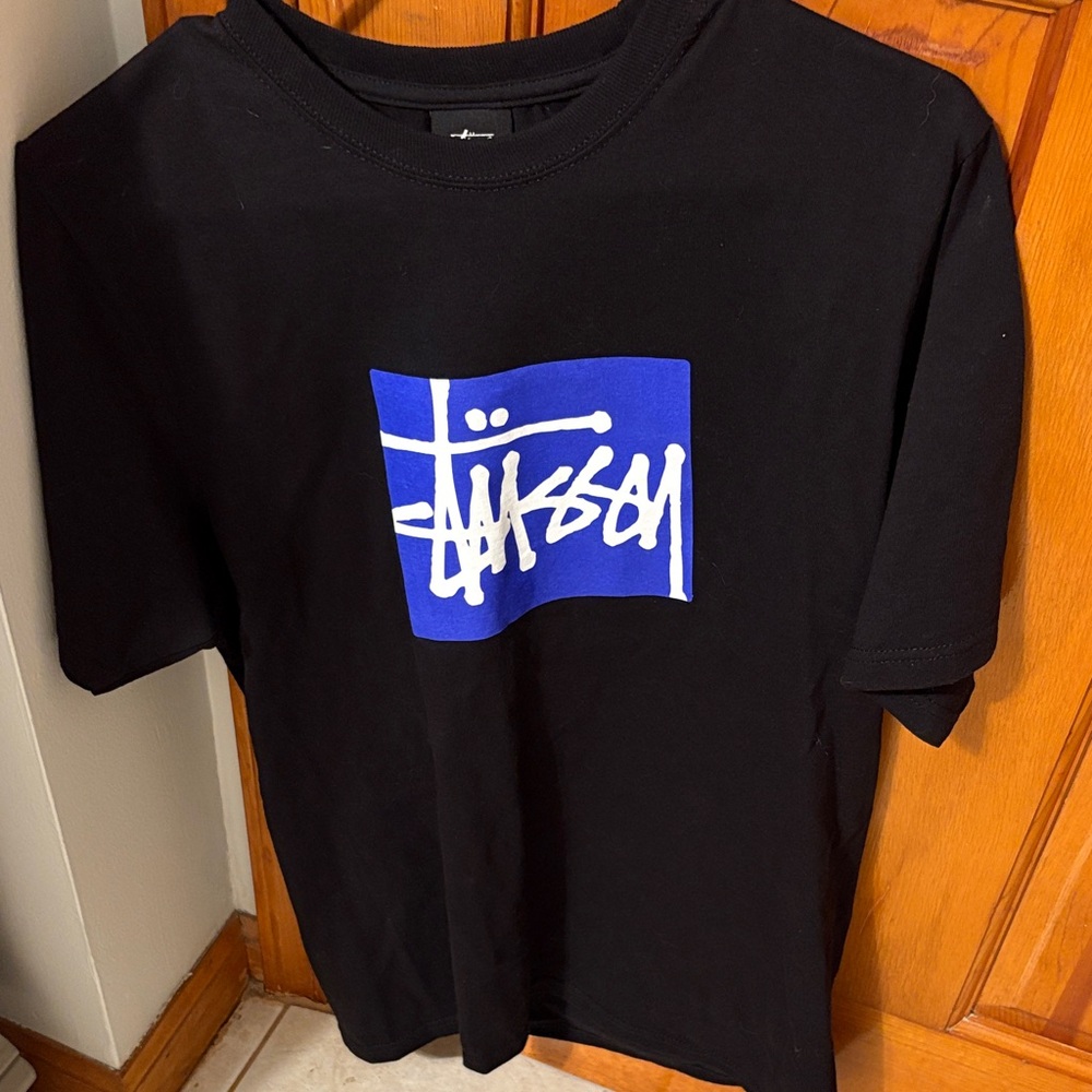 Stussy Black Tee with Blue and White Graphic